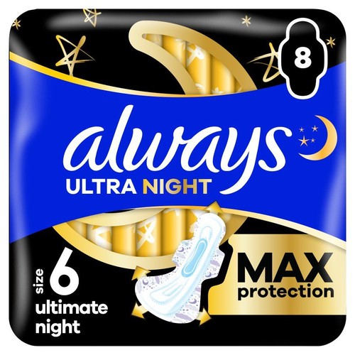 Opakowanie podpasek Always Ultra Night, rozmiar 6, 8 sztuk. Zapewniają maksymalną ochronę na noc.