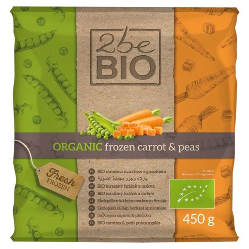 Organiczne mrożone marchewki i groszek 2be BIO. Zielono-pomarańczowe opakowanie 450 g.