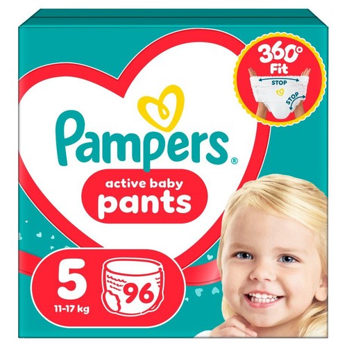 Opakowanie pieluchomajtek Pampers Active Baby Pants, rozmiar 5 (11-17 kg), 96 sztuk. Turkusowe z wizerunkiem dziecka.