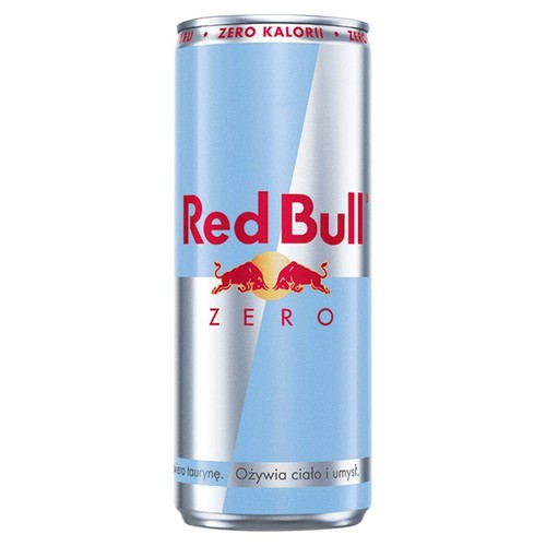 Puszka napoju energetycznego Red Bull Zero. Ma jasnoniebiesko-srebrny design z czerwonym logo i napisem "ZERO KALORII".