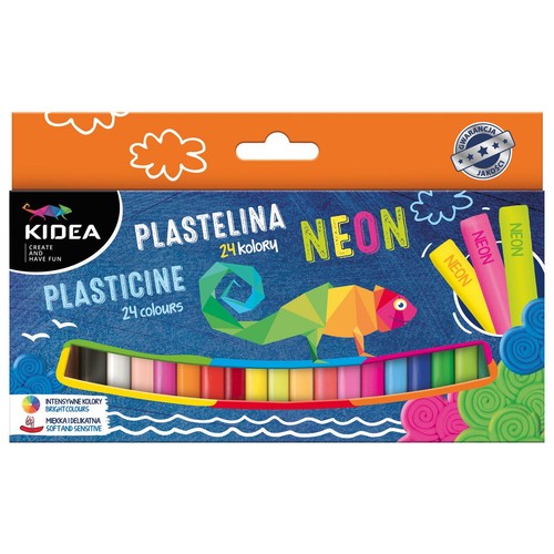Opakowanie plasteliny Kidea "NEON" w 24 intensywnych kolorach. Na granatowym tle widnieje kolorowy, geometryczny kameleon oraz rząd sztyftów plasteliny. Produkt jest miękki i delikatny.