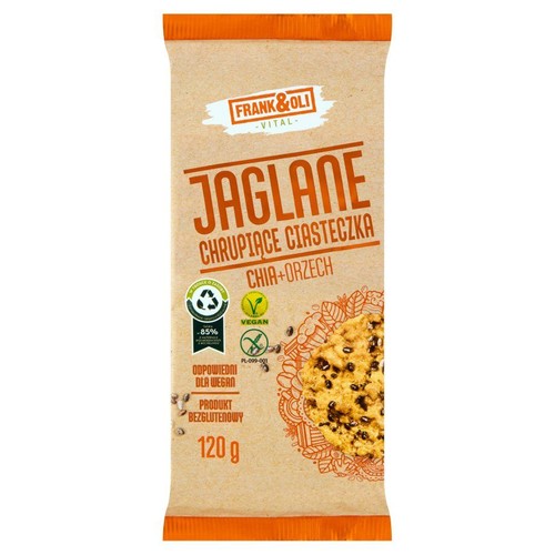 Ciastka wegańskie, bezglutenowe, bez laktozy jaglane z dodatkiem orzecha ziemnego i nasion szałwii hiszpańskiej „Chia" (Salvia hispanica).  Frank&Oli 120 g