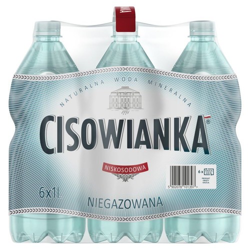 Zgrzewka sześciu plastikowych butelek naturalnej wody mineralnej Cisowianka. Woda jest niskosodowa i niegazowana. Każda butelka zawiera 1 litr płynu. Opakowanie jest biało-niebieskie z logo marki.