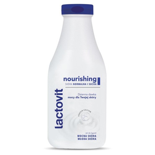 Żel do kąpieli Lactovit Nourishing z proteinami i wapniem, dla mocnej i młodej skóry. Biała butelka.