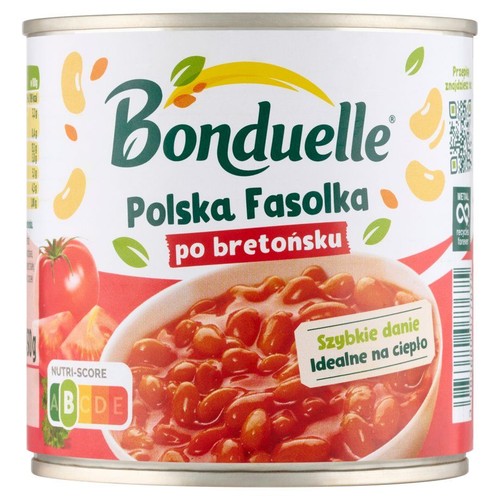 Bonduelle Fasolka po bretońsku w puszce 400g. Na etykiecie ilustracja fasolki w sosie pomidorowym. Idealne na ciepło.