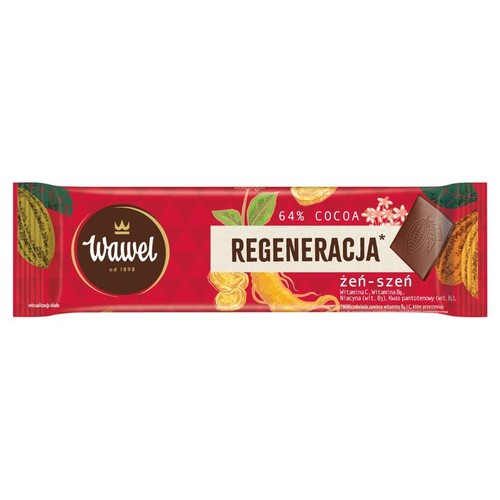 Czerwona czekolada Wawel Regeneracja z żeń-szeniem, 64% kakao. Na opakowaniu widnieje logo Wawel od 1898, grafiki strąków kakao i korzenia żeń-szenia. Produkt wzbogacony o witaminy C, B6, B3 i B5, które wspierają organizm.
