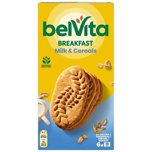 Ciastka śniadaniowe belVita Milk & Cereals w żółtym pudełku. Na pierwszym planie stos ciastek z kłosem, obok mleko i zboża.