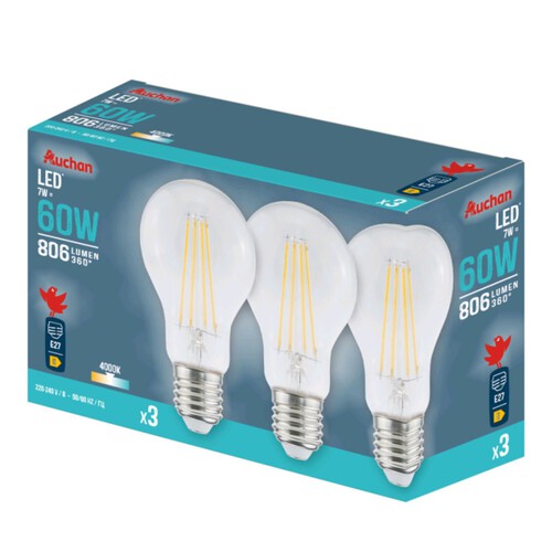 Żarówka LED E27 60W barwa zimna Auchan 3 sztuki