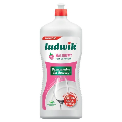 Biała butelka płynu do naczyń Ludwik Malinowy z czerwoną nakrętką. Etykieta z napisem "Nowość" i grafiką maliny.