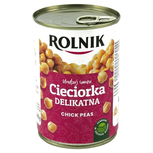 Produkt Rolnik: puszka ciecierzycy delikatnej, 240 gramów. Etykieta jest biała z czerwoną dolną częścią, na której są rysunki warzyw. Centralnie umieszczona grafika ciecierzycy. Metalowe wieczko z zawleczką.