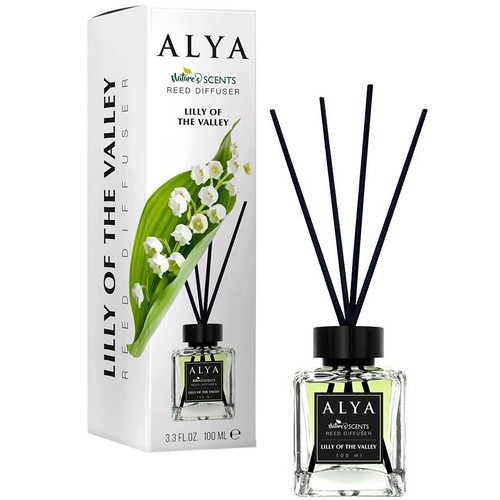 Dyfuzor zapachowy Alya Nature's Scents Konwalia, 100 ml, w szklanej butelce z czarnymi patyczkami, obok białe opakowanie.