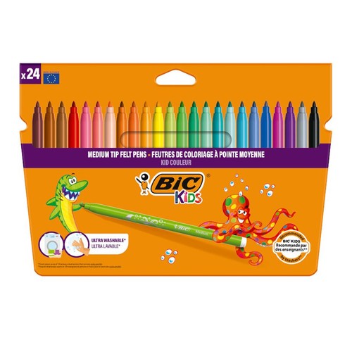 Opakowanie 24 flamastrów BIC Kids ze średnią końcówką, idealnych do kolorowania. Produkt jest ultra zmywalny, co ułatwia usuwanie plam z rąk i ubrań. Rekomendowany przez nauczycieli. Na opakowaniu grafiki krokodyla i ośmiornicy.