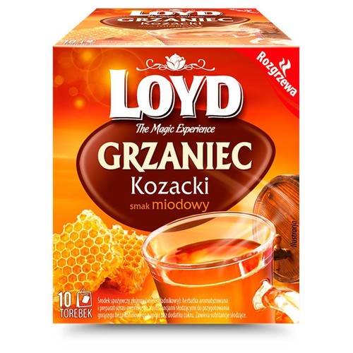 Opakowanie herbaty Loyd Grzaniec Kozacki smak miodowy. Zawiera 10 torebek. Grafika miodu i napoju.