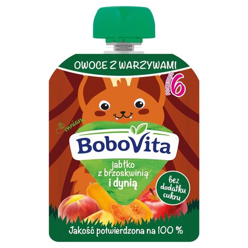 Saszetka BoboVita "Owoce z warzywami" o smaku jabłka, brzoskwini i dyni. Bez dodatku cukru, dla niemowląt po 6 miesiącu.