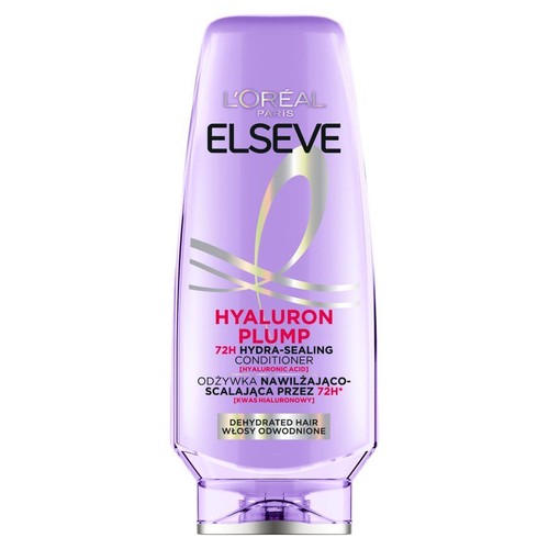 Fioletowa butelka odżywki L'Oréal Elseve Hyaluron Plump 72H Hydra-Sealing Conditioner do włosów odwodnionych.