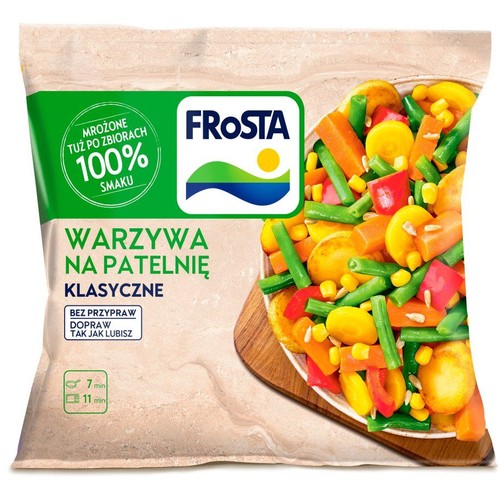 Mrożone warzywa Frosta "Klasyczne" do smażenia na patelni. Na opakowaniu widoczne gotowe warzywa: fasolka szparagowa, kukurydza, marchew, papryka.