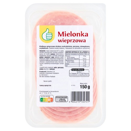 Opakowanie mielonki wieprzowej Sokołów 150 g. Różowe plastry mięsa widoczne przez folię. Z ikoną kciuka w górę.
