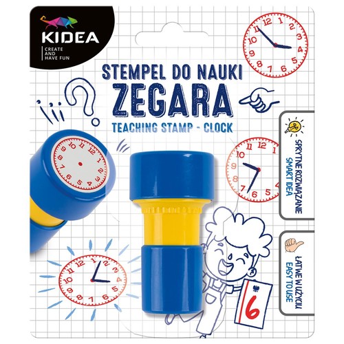 Stempel KIDEA do nauki zegara, niebiesko-żółty, z tarczą zegarową. Pomaga w nauce odczytywania czasu.
