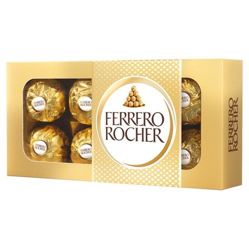 Eleganckie opakowanie pralin Ferrero Rocher w kolorze złotym. Pudełko ma okienko, ukazujące cztery czekoladki w złotych foliach. Na froncie widnieje nazwa Ferrero Rocher i grafika pralin.