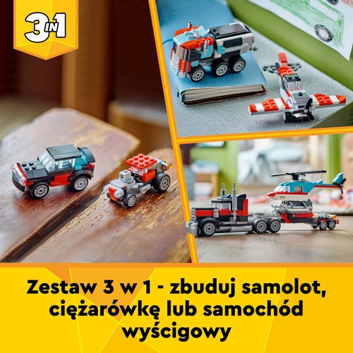 Zestaw konstrukcyjny 3 w 1, umożliwiający budowę samolotu, ciężarówki lub samochodu wyścigowego. Na zdjęciu widać złożone modele: czarny samochód, mały pojazd wyścigowy, niebieską ciężarówkę, czerwony samolot oraz ciężarówkę z helikopterem.