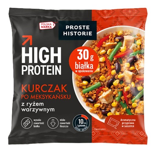 Proste Historie Kurczak po Meksykańsku z ryżem warzywnym, 30g białka, gotowe w 10 min. Opakowanie z daniem.