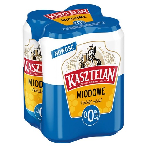 Zgrzewka czterech puszek piwa bezalkoholowego Kasztelan Miodowe 0.0% obj. Produkt z etykietą "Receptura Browaru Sierpc". Na etykiecie widnieje ilustracja mężczyzny z kuflem piwa oraz informacja "Polski miód".