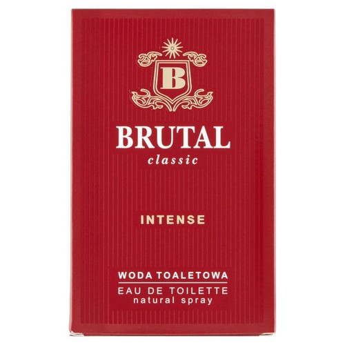 Brutal Classic Intense, woda toaletowa w czerwonym pudełku z pionowymi paskami.