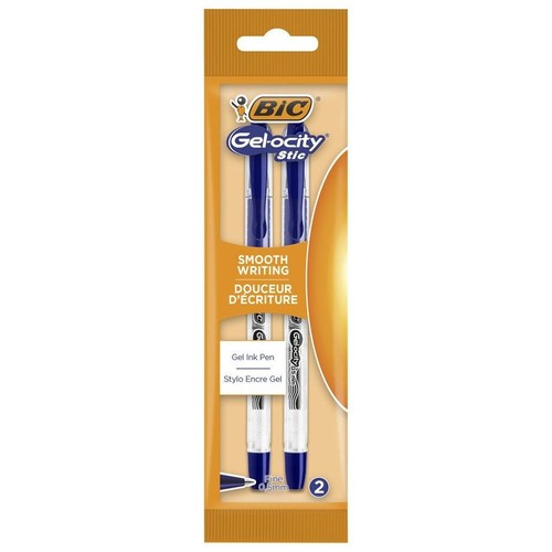Zestaw dwóch długopisów żelowych BIC Gel-ocity Stic z niebieskim tuszem. Posiadają cienką końcówkę 0.5mm, zapewniającą płynne i komfortowe pisanie. Długopisy są zapakowane w przezroczysty blister z pomarańczowymi akcentami.