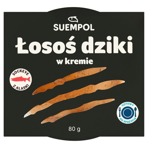 Czarne opakowanie SUEMPOL Łosoś dziki w kremie, Sockeye z Alaski, 80 g. Na etykiecie widnieje grafika trzech podłużnych kawałków łososia. Produkt jest gotowy do spożycia.