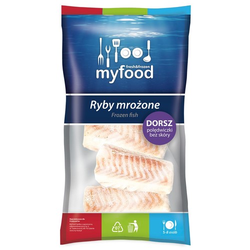 Opakowanie myfood fresh&frozen z mrożonymi polędwiczkami dorsza bez skóry. Widoczne trzy kawałki ryby. Na etykiecie informacja o 5-8 porcjach.
