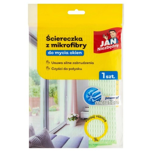 Opakowanie ściereczki z mikrofibry JAN Niezbędny, 1 szt. Przeznaczona do okien, usuwa brud i czyści do połysku.