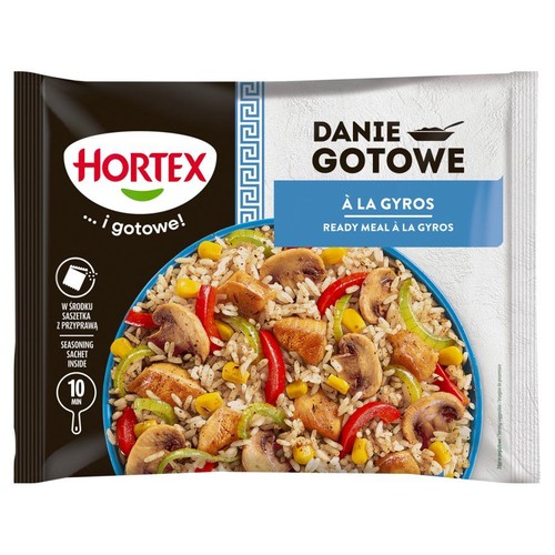 Hortex Danie Gotowe A La Gyros. Na opakowaniu danie z ryżem, pieczarkami, papryką i kawałkami mięsa. Zawiera saszetkę z przyprawą.