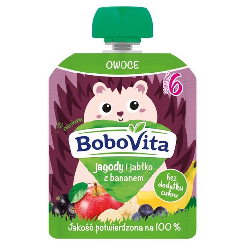 Saszetka BoboVita Owoce Jagody i jabłko z bananem, 80g. Dla dzieci po 6 miesiącu, bez dodatku cukru.