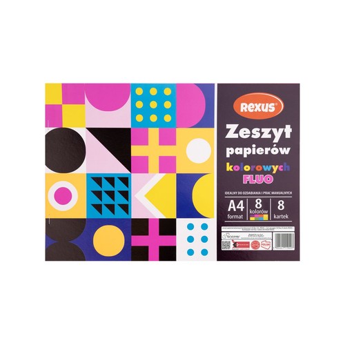 Zeszyt Rexus papierów kolorowych FLUO w formacie A4, zawierający 8 kartek w 8 intensywnych barwach. Idealny do ozdabiania i różnorodnych prac manualnych. Opakowanie ma nowoczesny, geometryczny wzór w żywych kolorach.