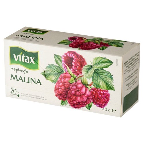 Pudełko herbaty Vitax Inspiracje o smaku malinowym. Zawiera 20 torebek herbaty owocowo-ziołowej, waga 40 g.