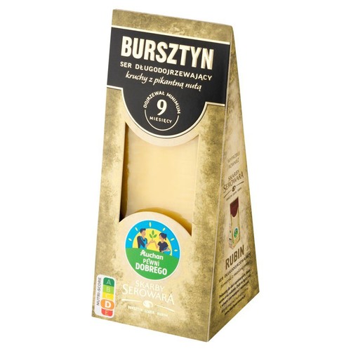 Ser Bursztyn, długodojrzewający, kruchy z pikantną nutą. Dojrzewał minimum 9 miesięcy. Opakowanie kartonowe z okienkiem.