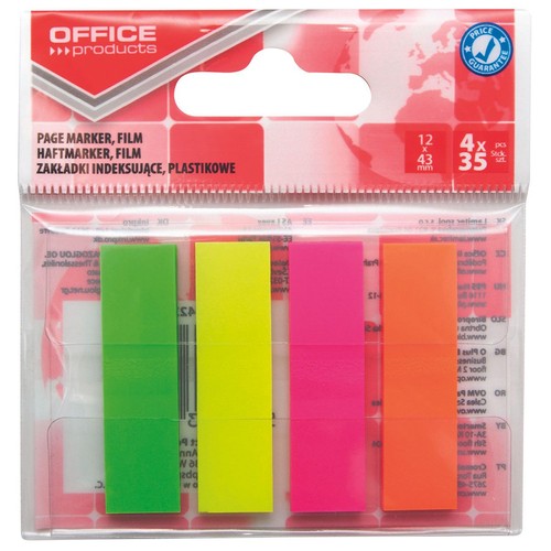 Zestaw czterech opakowań plastikowych zakładek indeksujących OFFICE products, każda o wymiarach 12x43 mm. W każdym opakowaniu znajduje się 35 sztuk w intensywnych kolorach: zielonym, żółtym, różowym i pomarańczowym. Produkt zapakowany w blister.