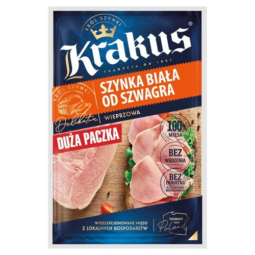 Opakowanie Krakus Szynka Biała od Szwagra, wieprzowa. Delikatna, bez glutaminianu.