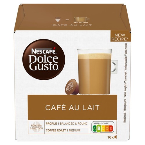Karton Nescafé Dolce Gusto Kawa z mlekiem, 16 sztuk. Widoczna szklanka z napojem i kapsułka. Selekcja Robusty, średni stopień palenia.