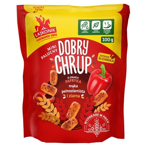 Czerwono-żółte opakowanie Lajkonik Mini Paluchy Dobry Chrup, paprykowe, 100g. Produkt wegetariański, źródło błonnika.