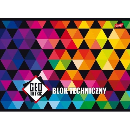 Blok techniczny marki Geo Metric z okładką przedstawiającą mozaikę małych, kolorowych trójkątów w odcieniach tęczy na czarnym tle. Widoczne logo Unipap.