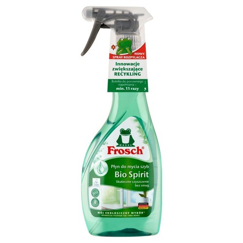 Frosch Bio Spirit, ekologiczny płyn do szyb w zielonej butelce ze sprayem. Innowacje zwiększające recykling.
