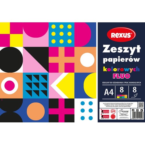Opakowanie zeszytu papierów kolorowych Rexus FLUO w formacie A4. Zawiera 8 arkuszy w 8 intensywnych, fluorescencyjnych kolorach. Idealne do ozdabiania i prac manualnych. Okładka z abstrakcyjnym, geometrycznym wzorem.