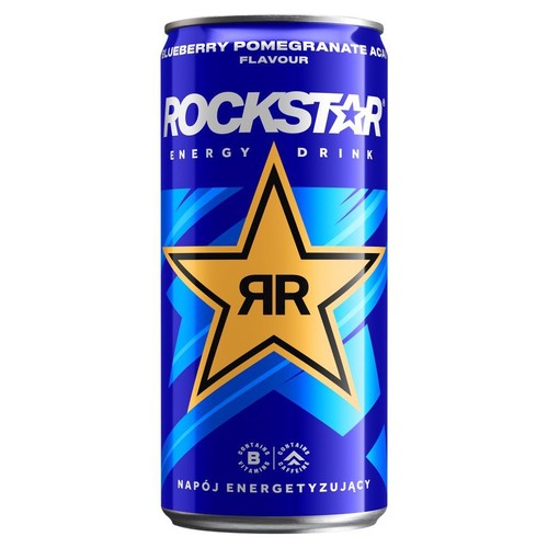 Pionowa, niebieska puszka napoju energetycznego Rockstar. Etykieta wskazuje smak borówki, granatu i acai. Centralnie umieszczone jest złote logo w kształcie gwiazdy z odwróconymi literami "R". Produkt zawiera kofeinę i witaminy z grupy B.