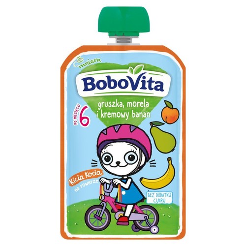 BoboVita mus owocowy gruszka, morela, banan w saszetce. Dla dzieci po 6 miesiącu, bez dodatku cukru. Na opakowaniu Kicia Kocia na rowerze.