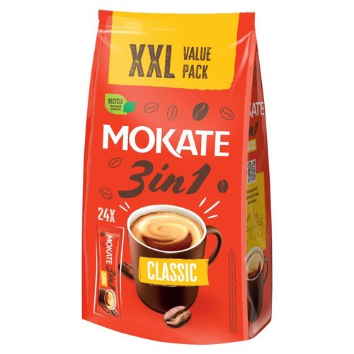 Opakowanie kawy rozpuszczalnej Mokate 3in1 klasyczny, 24 sztuki. Czerwona torba z napisem opakowanie XXL.