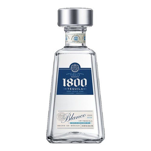 Tequila 1800 Blanco w charakterystycznej, przezroczystej butelce. Niebieska etykieta z dużym napisem "1800 Tequila" oraz informacją "100% Agave Azul". Na dole etykieta "Blanco Tequila" i "Wyprodukowano w Meksyku".