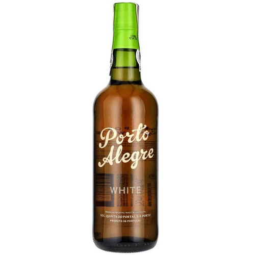Wino Porto Alegre White w butelce z ciemnego szkła. Szyjka butelki jest pokryta zieloną folią. Na etykiecie znajduje się nazwa "Porto Alegre" oraz "WHITE". Produkt jest oznaczony jako pochodzący z Portugalii.