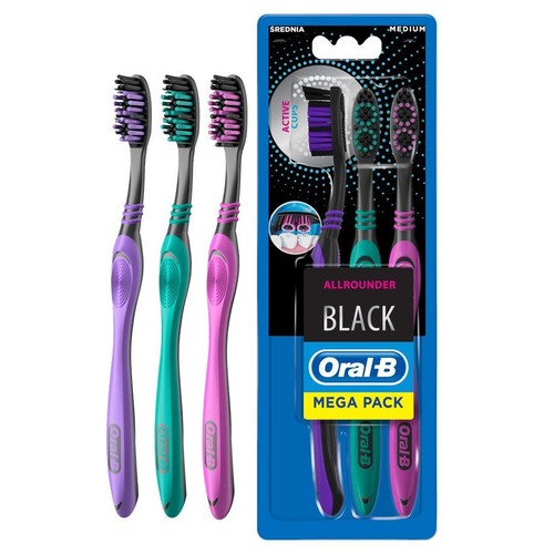 Trzy szczoteczki do zębów Oral-B Allrounder Black, średnia twardość, w kolorach fioletowym, turkusowym i różowym.