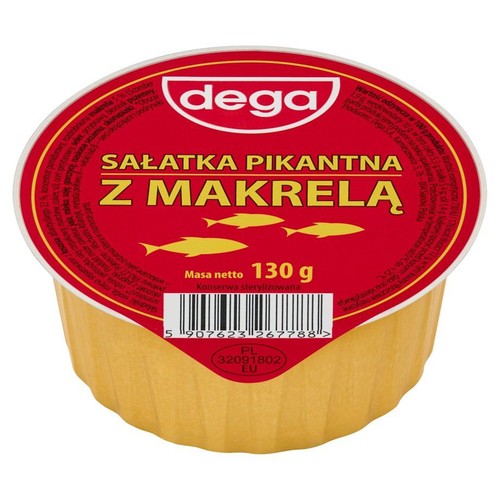 Dega, sałatka pikantna z makrelą, 130 gramów. Produkt w żółtym pojemniku z czerwoną etykietą.